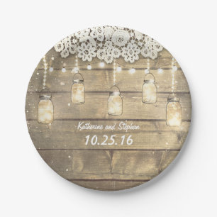rustic mason jars string lights lace wood paper plate