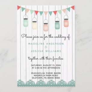 Rustic Mason Jars String Lights on Wood Wedding Invitation