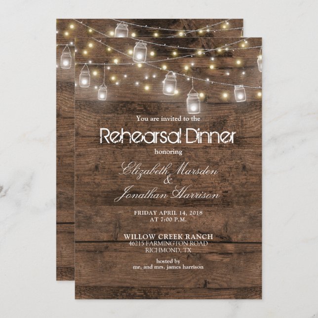 Rustic Mason Jars String Lights Rehearsal Dinner Invitation (Front/Back)
