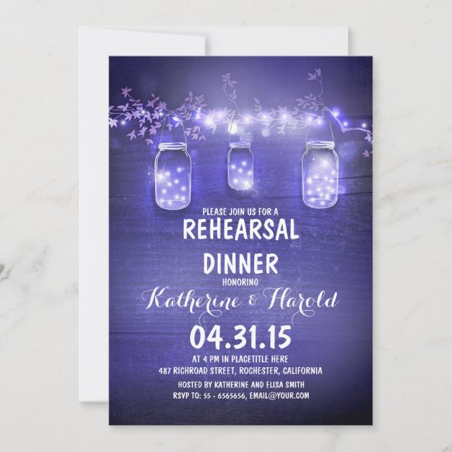 rustic mason jars & string lights rehearsal dinner invitation (Front)