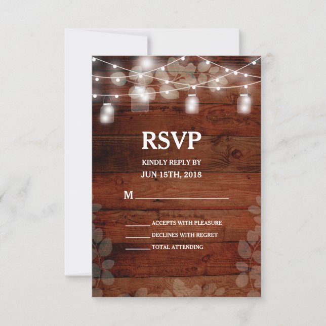 Rustic Mason Jars String Lights Wedding RSVP Card (Front)