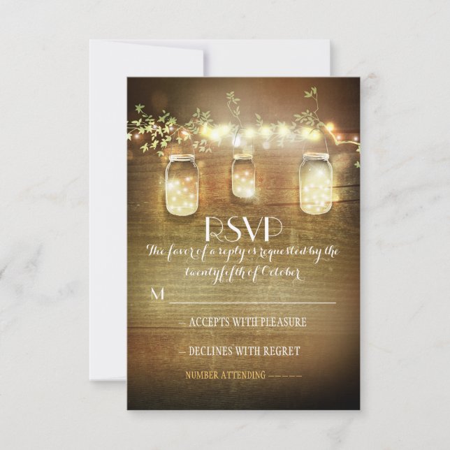 rustic mason jars string lights wedding RSVP cards (Front)