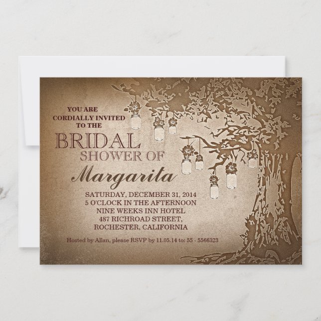 Rustic mason jars tree bridal shower invitations (Front)