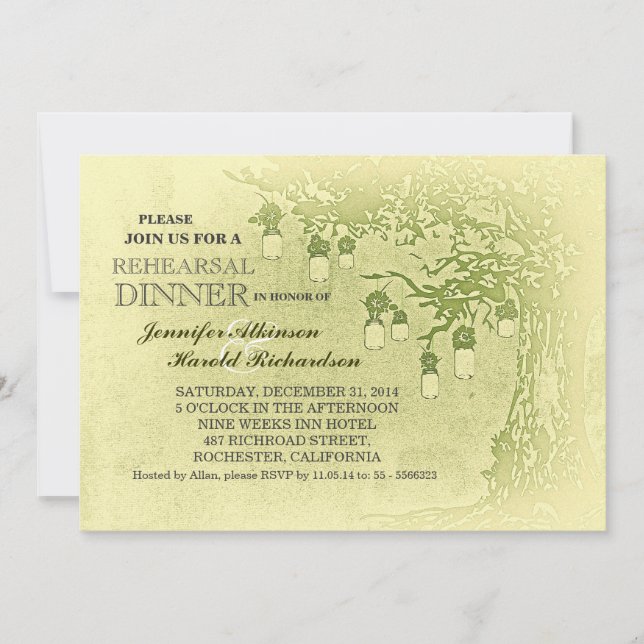 Rustic mason jars tree rehearsal dinner invitation (Front)