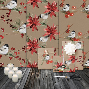 Rustic Matte Kraft Chickadee Birds & Berries  Wrapping Paper Sheet
