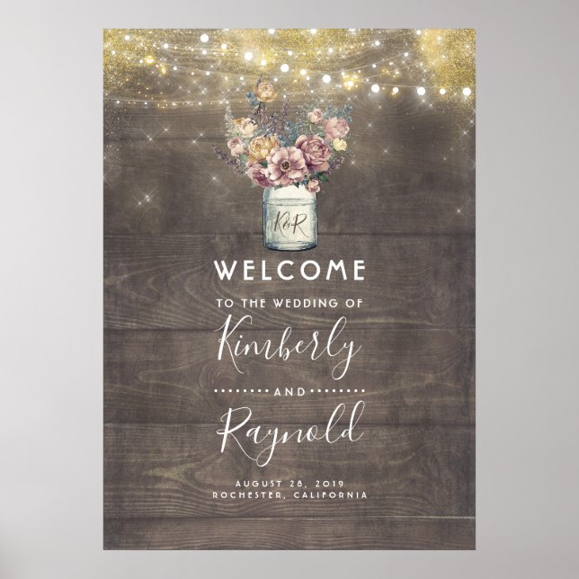 Rustic Mauve and Gold Barn Wedding Welcome Sign (Front)