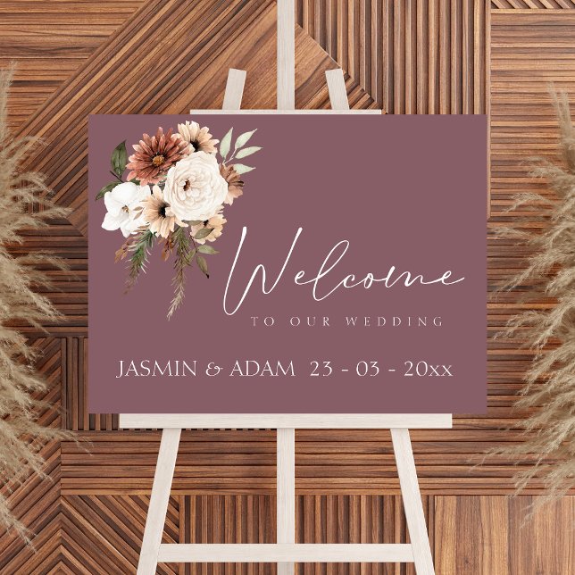 Rustic Mauve Peach Floral Script Wedding Sign (Rustic Purple Peach Floral Wedding Welcome Sign)