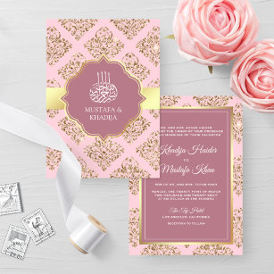 Rustic Mauve Pink Gold Damask Muslim Wedding Invitation