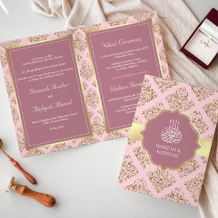 Rustic Mauve Pink Gold Damask Muslim Wedding Invitation