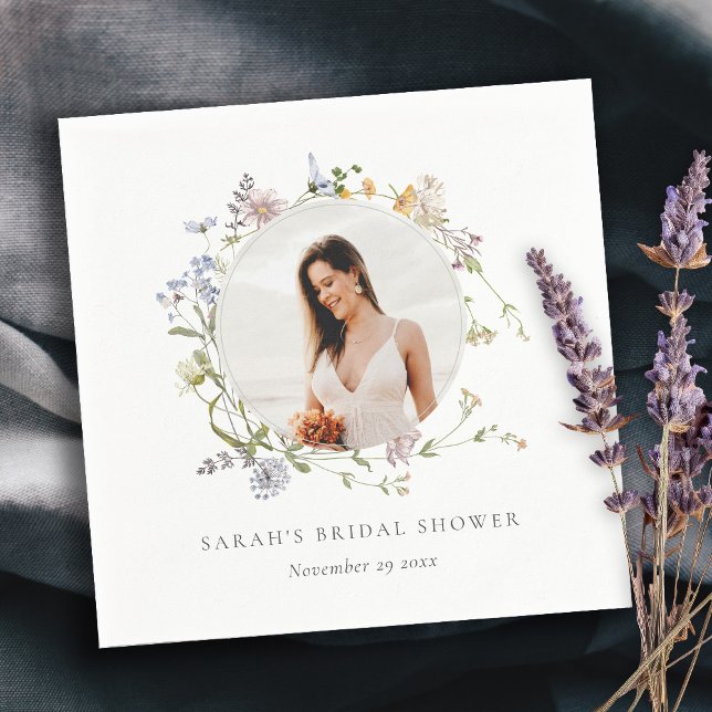 Rustic Meadow Floral Wreath Photo Bridal Shower Napkin (Creator Uploaded)