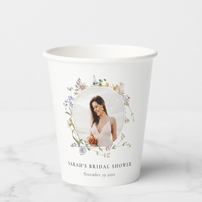Rustic Meadow Floral Wreath Photo Bridal Shower Paper Cups (Front)