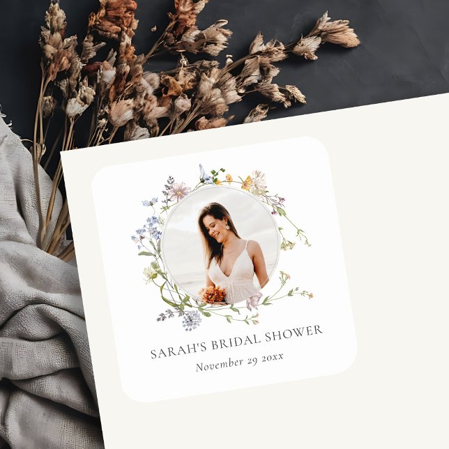 Rustic Meadow Floral Wreath Photo Bridal Shower Square Sticker (Creator Uploaded)