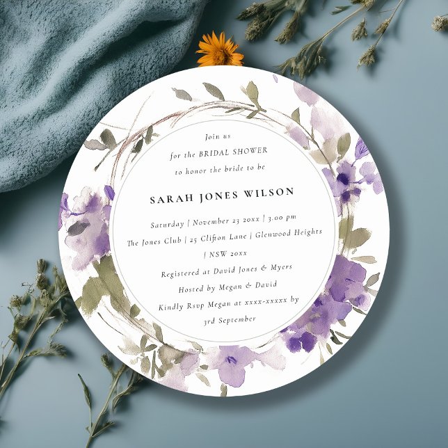 Rustic Meadow Lilac Floral Wreath Bridal Shower Invitation (Creator Uploaded)