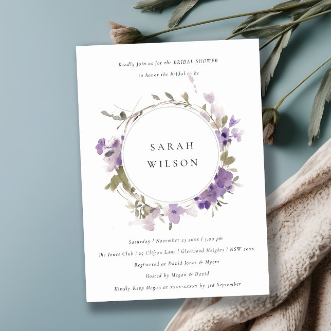Rustic Meadow Lilac Floral Wreath Bridal Shower Invitation (Creator Uploaded)