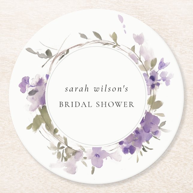 Rustic Meadow Lilac Floral Wreath Bridal Shower Round Paper Coaster (Front)
