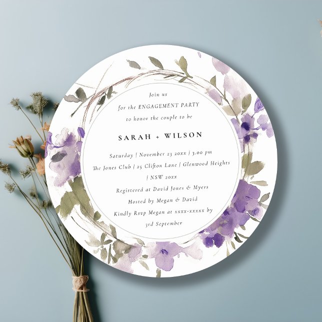 Rustic Meadow Lilac Floral Wreath Engagement Invitation (Creator Uploaded)