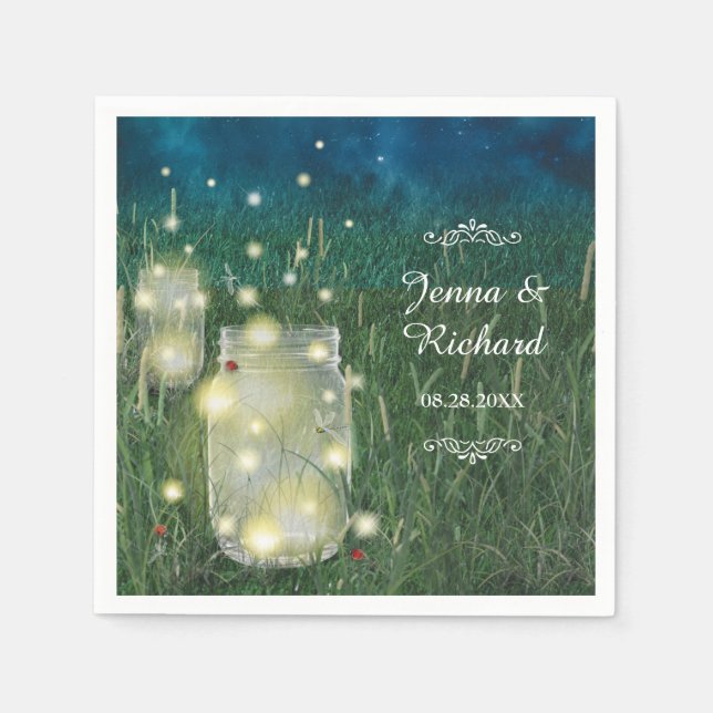 Rustic Meadow Summer Night Mason Jar and Fireflies Napkin (Front)