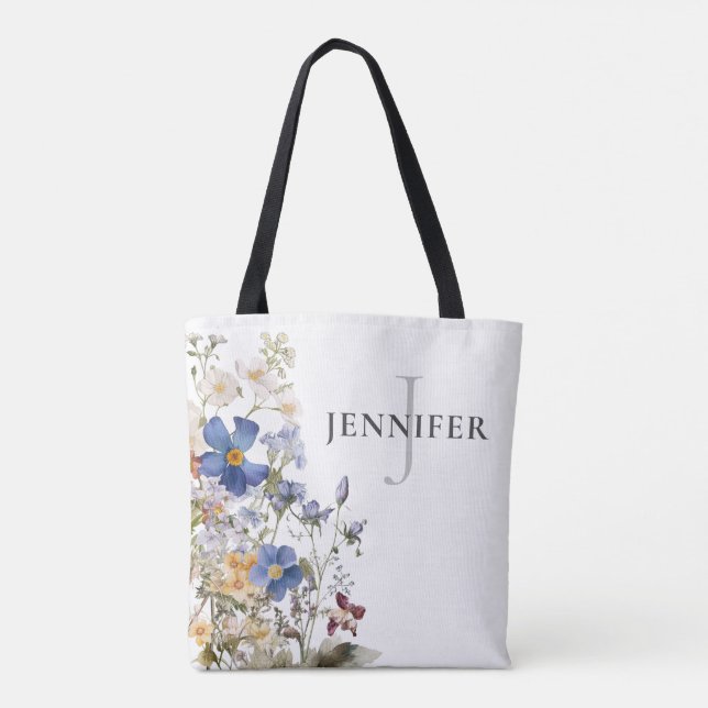 Rustic Meadow Wildflowers Monogram Tote Bag (Back)