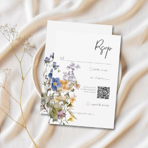 Rustic Meadow Wildflowers Purple Watercolor QR RSVP Card