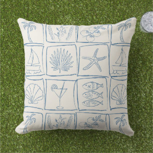Rustic Mediterranean Coastal Tile Linen Cobalt Cushion