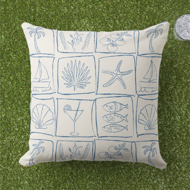 Rustic Mediterranean Coastal Tile Linen Cobalt Cushion (Grass)