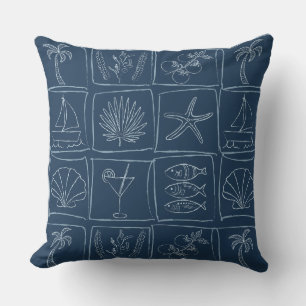 Rustic Mediterranean Coastal Tile Nautical Navy Cushion
