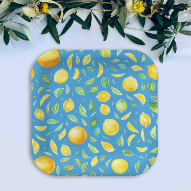 Rustic Mediterranean Yellow Lemons Blue Watercolor Paper Plate (Creator Uploaded)