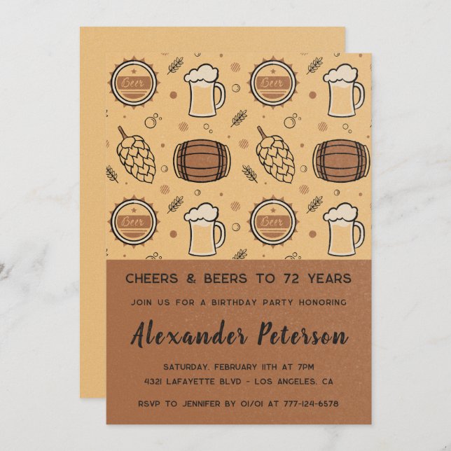  Rustic Men Beer 72nd birthday invitations  (Front/Back)