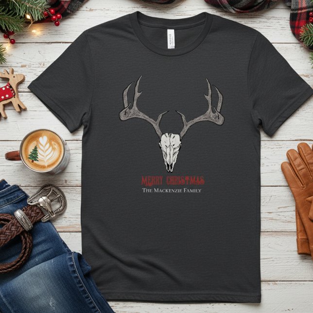 Rustic Men's Deer Head Reindeer Skull Antlers T-Shirt (Festive Merry Christmas Reindeer Skull & Antlers Illustration Mens T-Shirt. Modern Country or Gothic)
