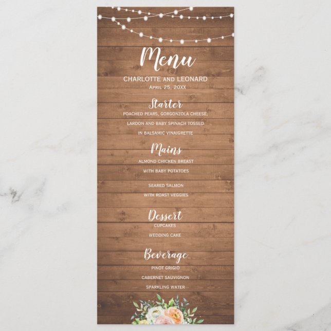 Rustic menu card with wood string lights flowers (Front)