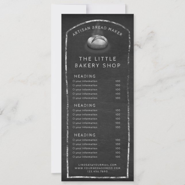 Rustic menu or price list chalkboard bread baker invitation (Front)