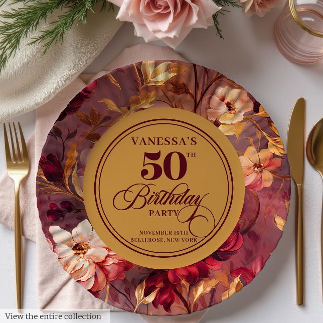 Rustic Merlot Blush Gold Flowers 50th Birthday  Paper Plate (Rustic Merlot Blush Gold Flowers 50th Birthday Paper Plates )