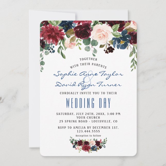 Rustic Merlot Navy Blue Blush Floral Wedding Invitation (Front)