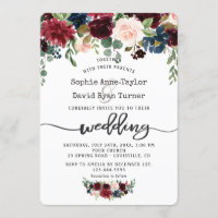 Rustic Merlot Navy Blue Floral Handwriting Wedding