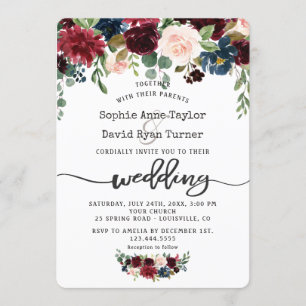 Rustic Merlot Navy Blue Floral Handwriting Wedding Invitation
