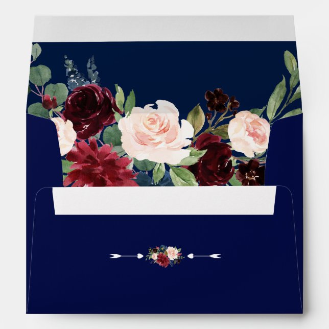 Rustic Merlot Navy Blue Floral Wedding Envelope (Back (Bottom))