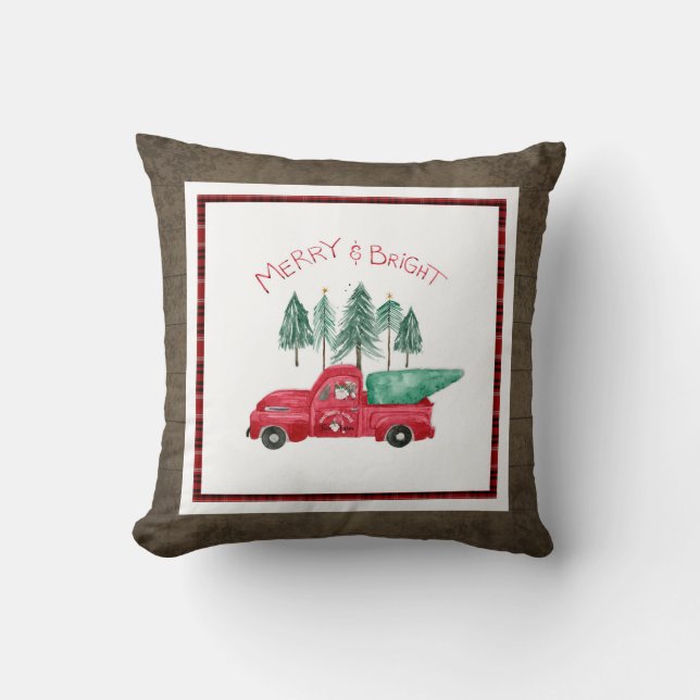 Rustic Merry Bright Plaid Gnome Farm Red Truck Cushion (Front)