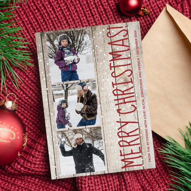 Rustic Merry Christmas 3 photos collage barn wood Holiday Card (Creator Uploaded)