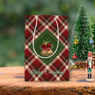 Rustic Merry Christmas Bell Red Green Tartan Medium Gift Bag