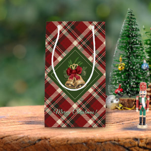 Rustic Merry Christmas Bell Red Green Tartan Small Gift Bag