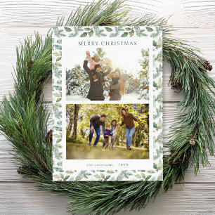 Rustic Merry Christmas Botanical 2 Photo Holiday Card