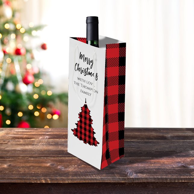 Rustic Merry Christmas Buffalo Check Custom Wine Gift Bag (Merry Christmas holiday Christmas tree wine gift bag)