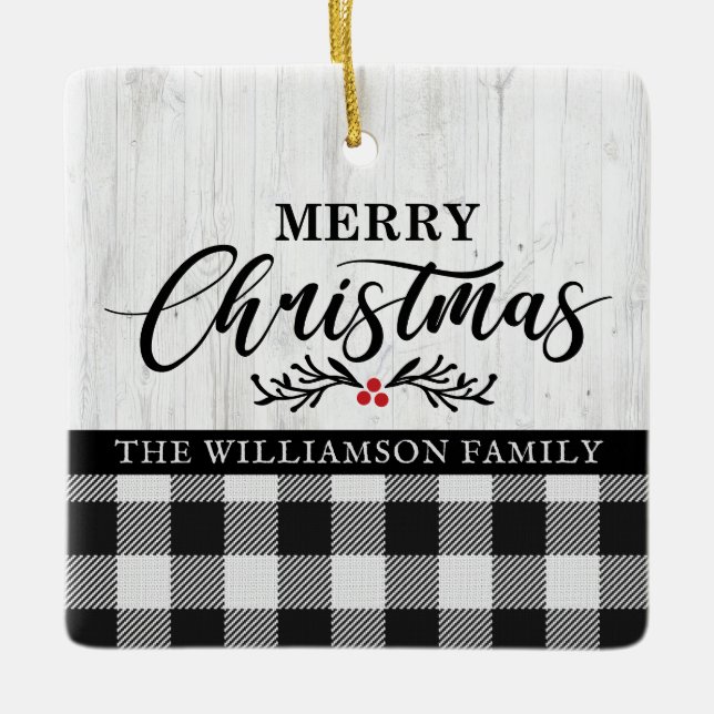Rustic Merry Christmas Buffalo Plaid Family Photo  Ceramic Ornament (Front)