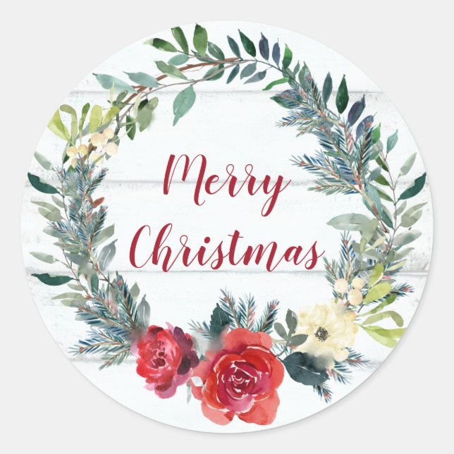 Rustic Merry Christmas Classic Round Sticker (Front)
