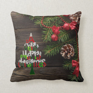 Rustic Merry Christmas Country Wreath Holiday Cushion