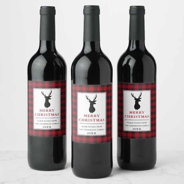 Rustic Merry Christmas Deer Red Plaid  Wine Label (Bottles)