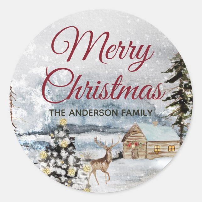 Rustic Merry Christmas Forest Deer Classic Round Sticker (Front)