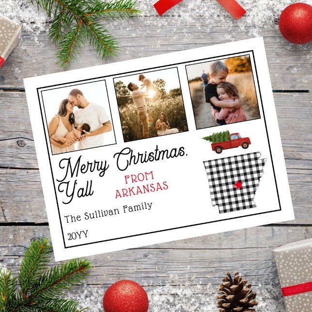 Rustic Merry Christmas from Arkansas Photo Holiday Postcard (Rustic "Merry Christmas Y'all from Arkansas" Three Photo and State Holiday Postcard)