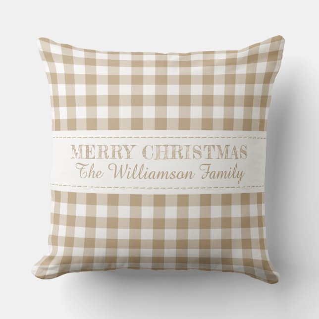 Rustic Merry Christmas Gingham Monogram Name Cushion (Front)