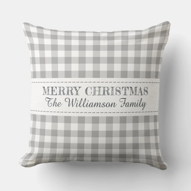 Rustic Merry Christmas Gingham Monogram Name Cushion (Front)